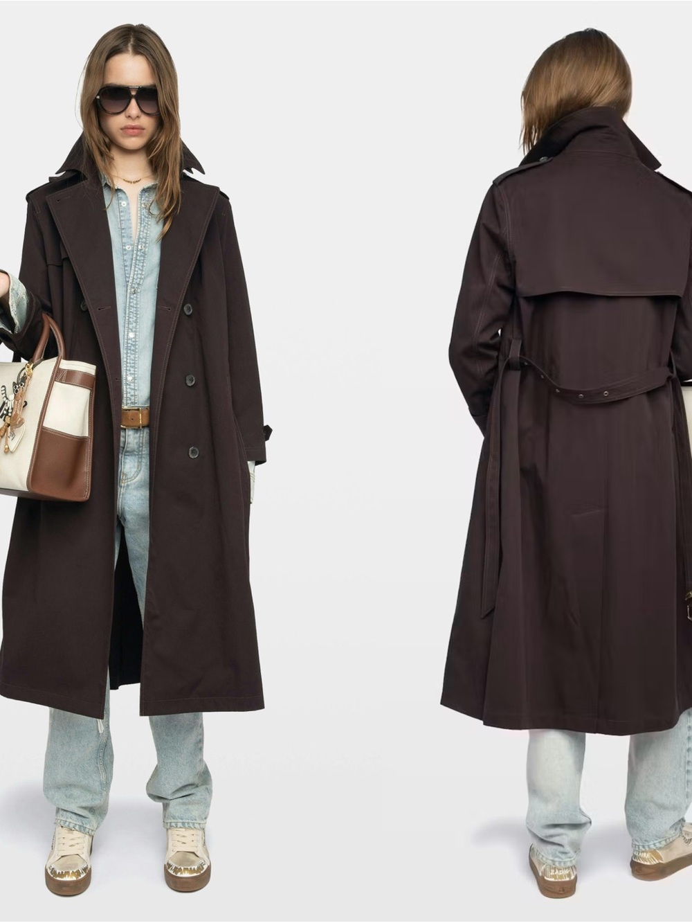 Zadig&Voltaire Kenar Double-Breasted Cotton Trench Coat in Chocolate Brown Small